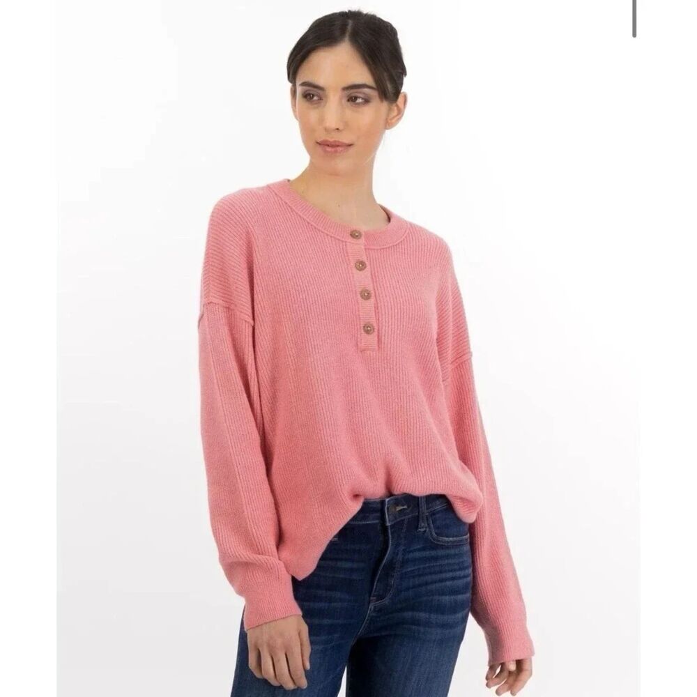 Aerie Knit Oversized Sweater Womens S Pink cotton soft 1/2 button Henley ribbed
